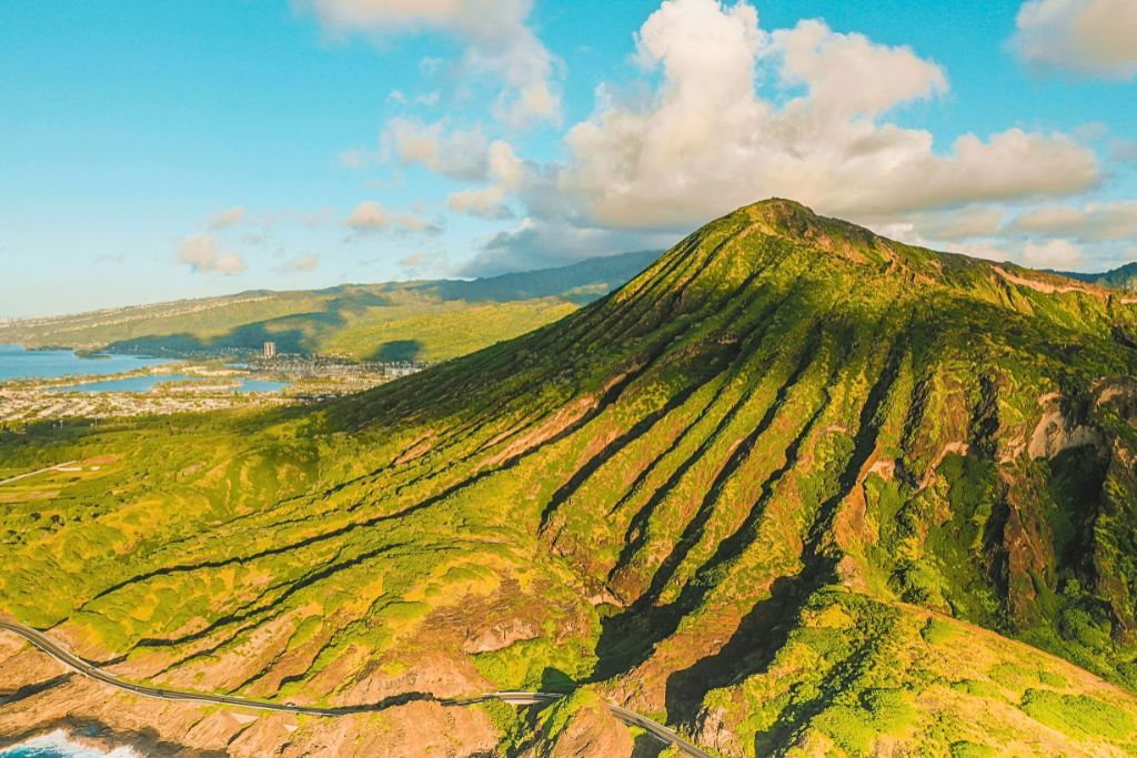 Aerial view of a mountain and small city in Molokaʻi , Hawaii