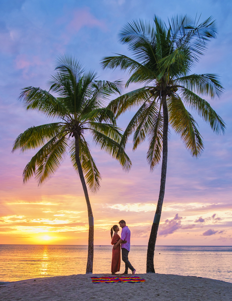 Couple under two palm trees at sunset in the Caribbean