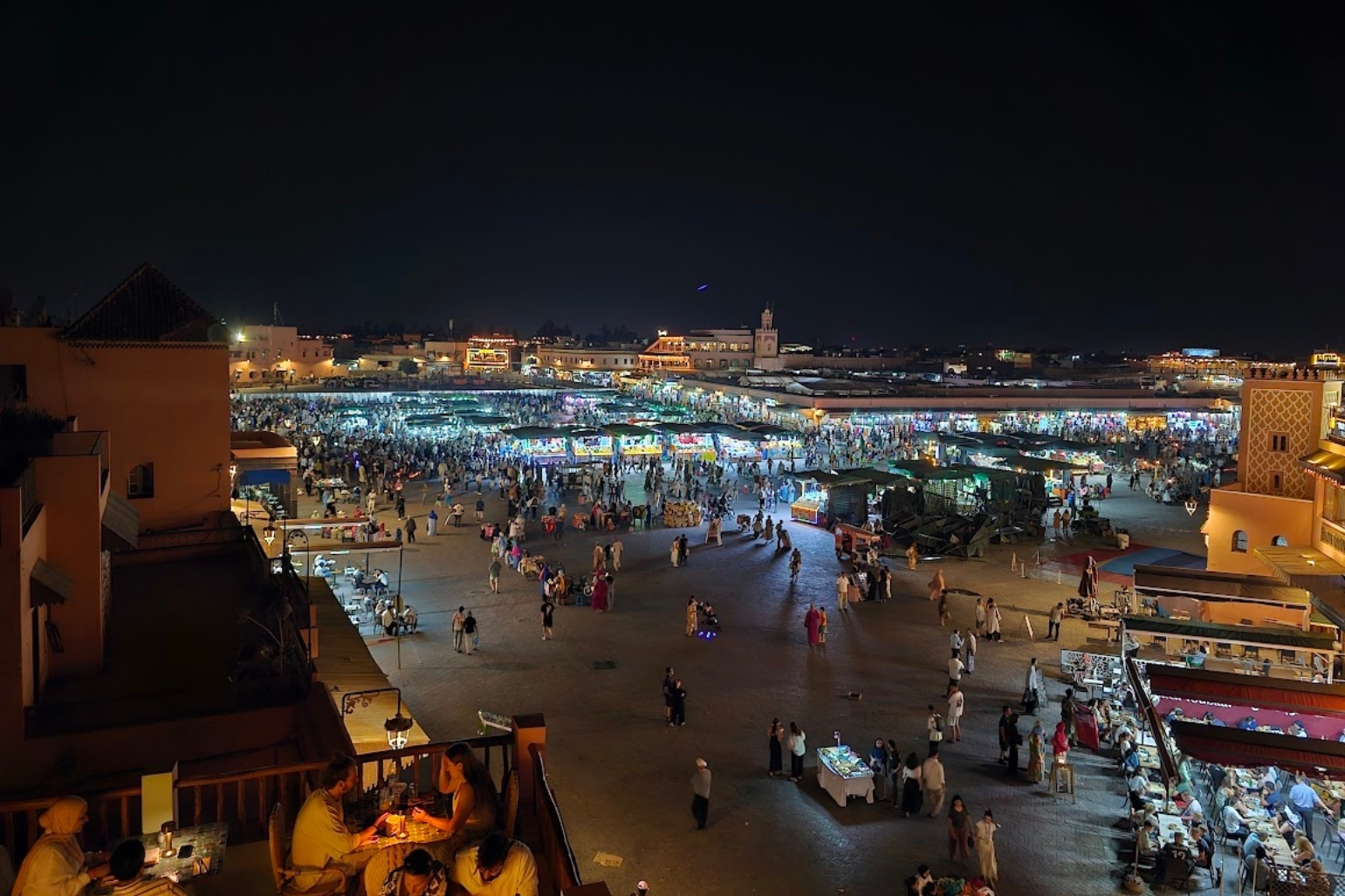 The Marrakech medina very crowded and lit up at night
