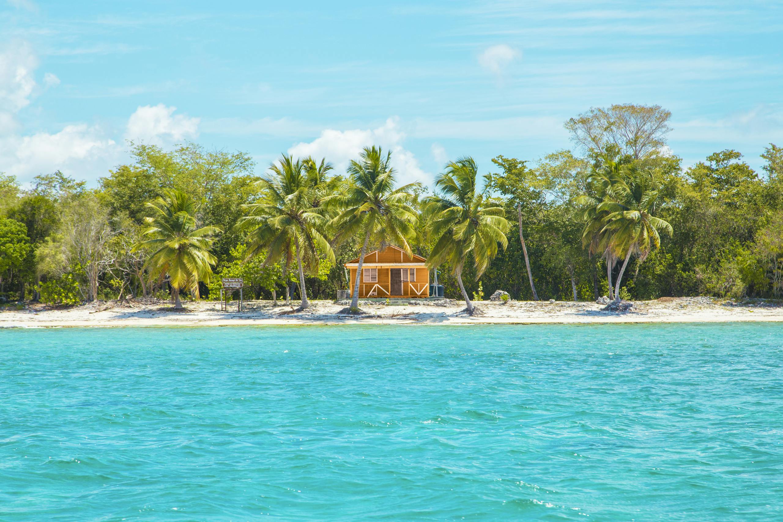 Idyllic cabin on a tropical beach in La Altagracia, Dominican Republic, surrounded by palm trees and turquoise waters.