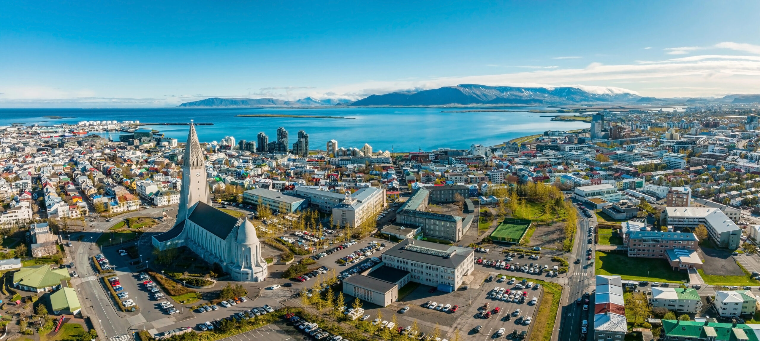 Beautiful aerial view of Reykjavik, Iceland on a sunny summer day